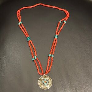 Red and Turquoise Beaded Necklace with Silver Pendant
